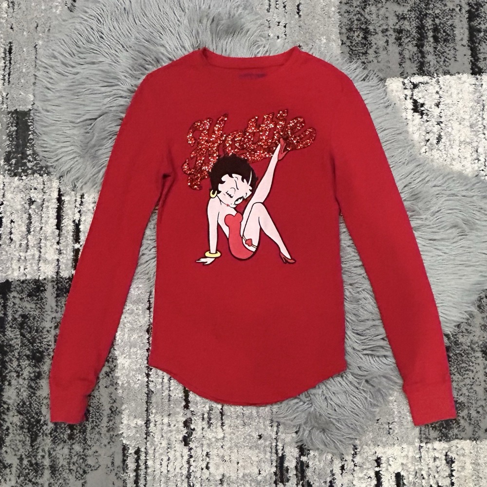 Betty Boop Junior Red Long Sleeve Thermal Top W/Glitter "Hottie" Graphic 1457 LG